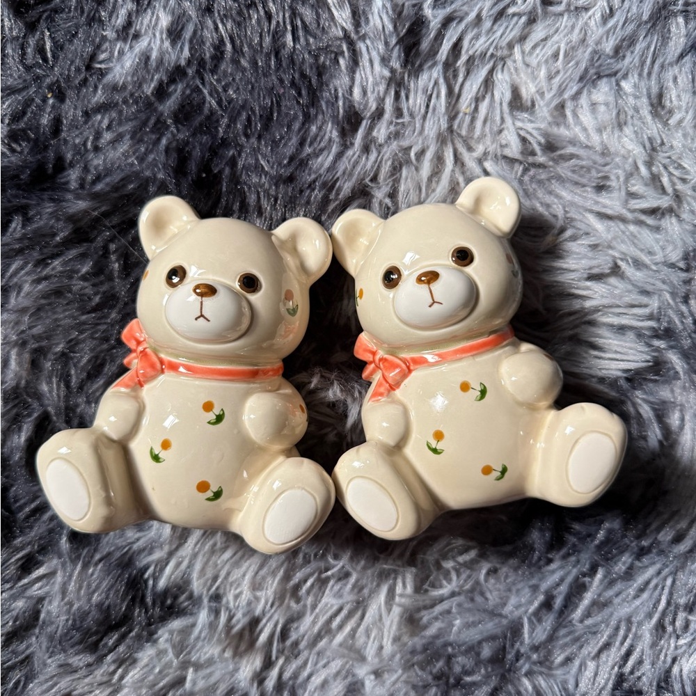Cream and Orange Vintage Bears Porcelain Salt and Pepper Shakers